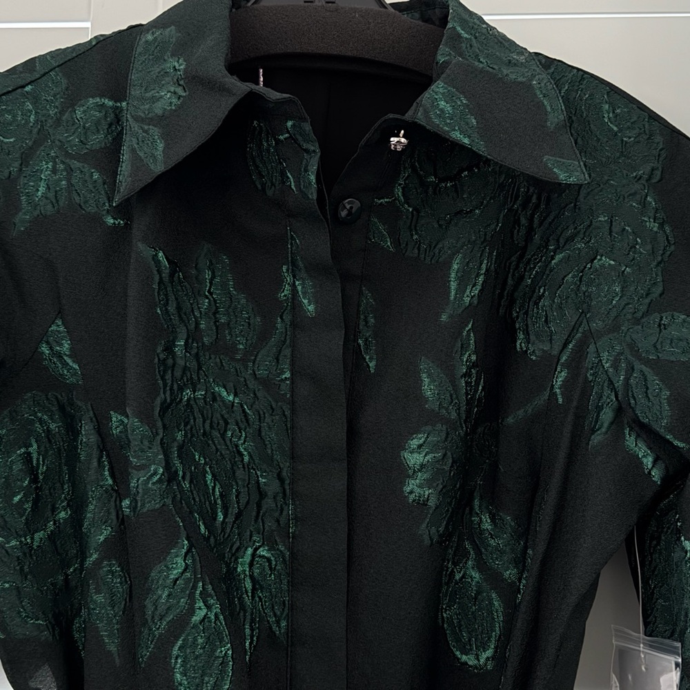 Teri Jon Metallica Jacquard Shirtdress Gown with Floral Print - Picture 4 of 10
